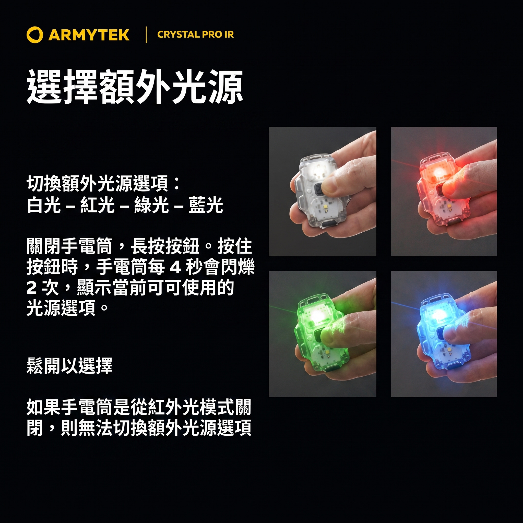 Armytek Crystal Pro IR 200流明 多功能便攜燈 4種光色+紅外線 鑰匙圈燈 警示燈 帽沿燈 單車燈 USB-C 2025新版:圖片 4