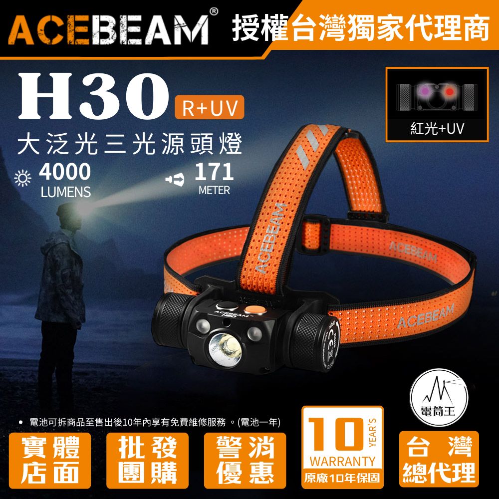 ACEBEAM H30 紅光+UV 4000流明 三光源頭燈 大泛光高功率  TYPE-C 18650