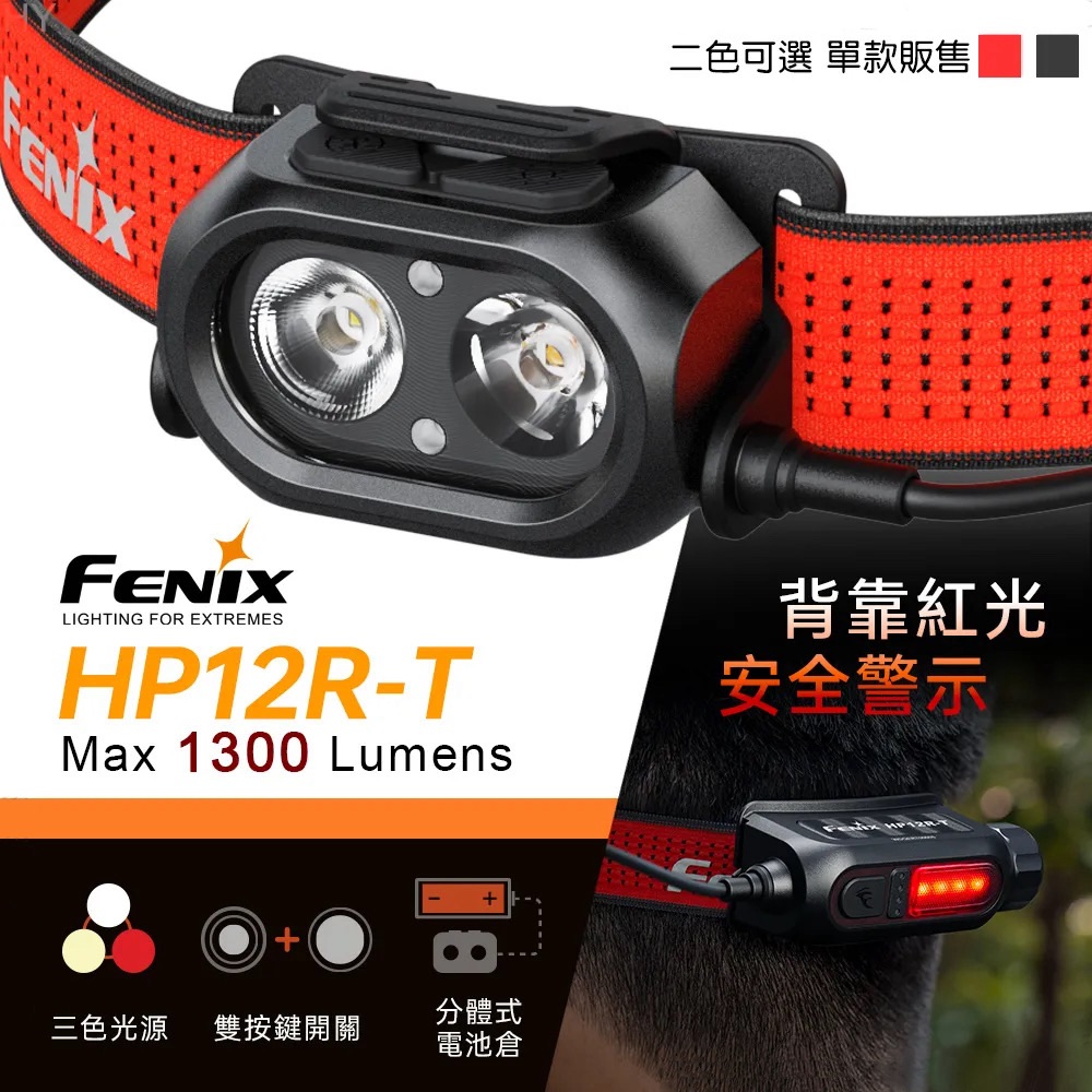Fenix HP12R-T 分體式越野跑頭燈 1300流明 200米 三色光源 雙按鍵開關 TYPE-C
