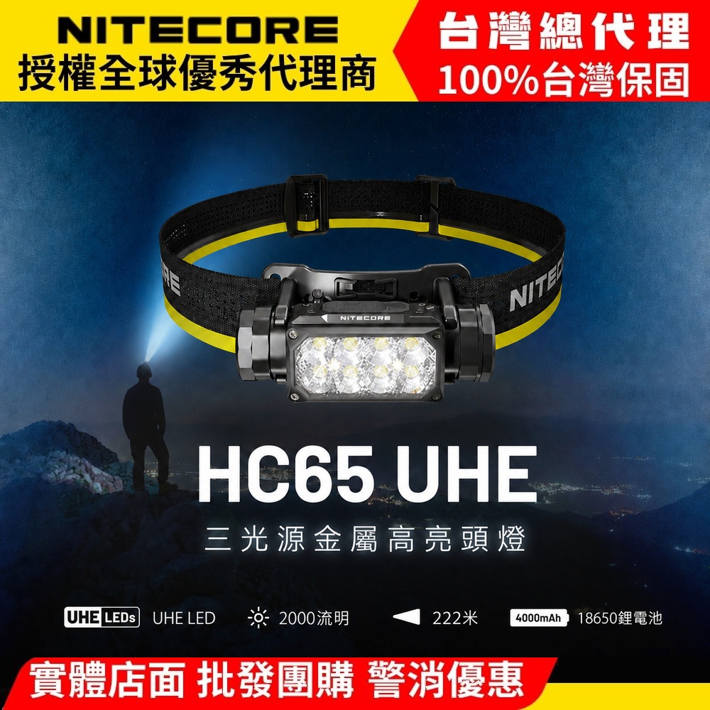NITECORE HC65 UHE 2000流明 222米 三光源金屬高亮頭燈 紅/白光 8核UHE LED