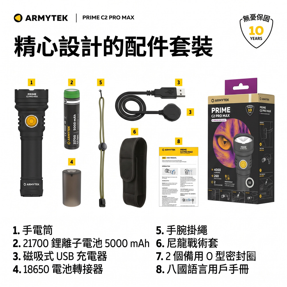 ARMYTEK    PR MAX精心設計的配件套裝無憂保固1YEARS ARMYTEKPRIME PR MAX ARMYTEK 5000 mAh5683O ARMYTEK PRIME PRO MAX卜3O ARMYTEKPRIMEC2 PRO MAXPRIMEC2 PRO MAX1. 手電筒5. 手腕掛繩2. 21700 鋰離子電池 5000 mAh 6.尼龍戰術套3. 磁吸式 USB 充電器4. 18650電池轉接器4000LUMENS260 27. 2 個備用 O型密封圈8. 八國語言用戶手冊PRIME0