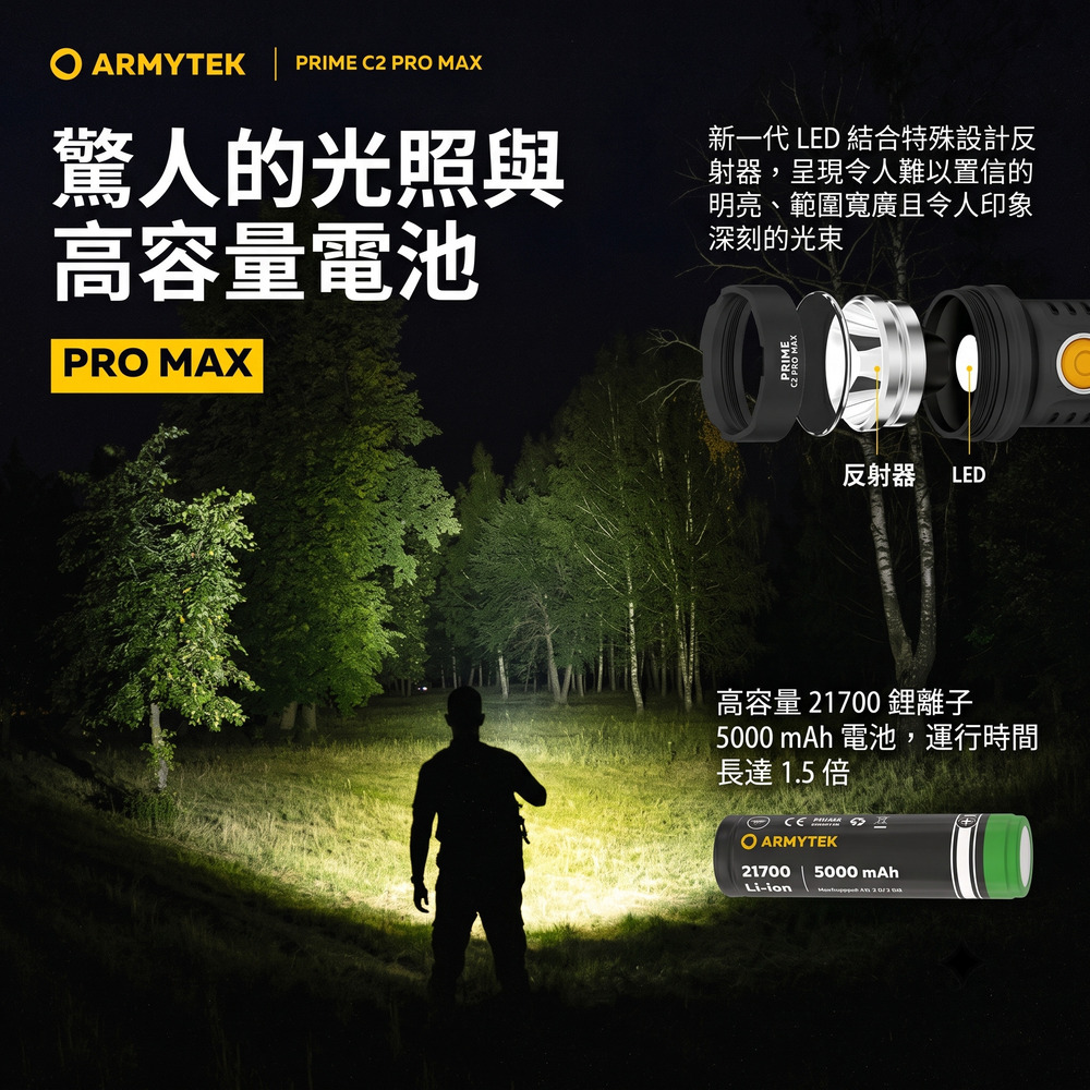 ARMYTEK | PRIME C2 PRO MAX驚人的光照與高容量電池PRO MAX新一代 LED 結合特殊設計反射器,呈現令人難以置信的明亮、範圍寬廣且令人印象深刻的光束反射器 LED高容量 21700 離子5000 mAh 電池,運行時間長達 1.5 倍ARMYTEK21700Li-ion5000 mAh