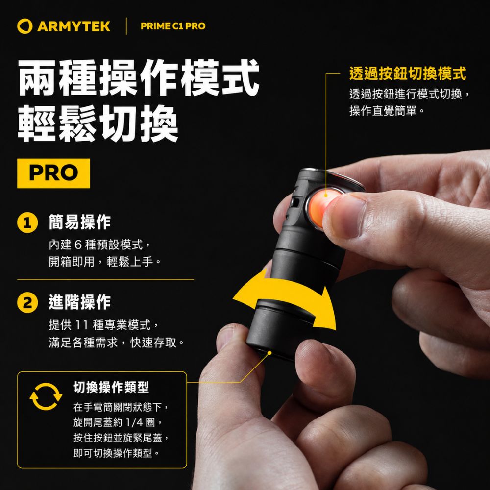 ARMYTEK PRIME C1 PRO兩種操作模式輕鬆切換PRO 簡易操作內建6種預設模式,開箱即用,輕鬆上手。 進階操作提供11種專業模式,滿足各種需求,快速存取。切換操作類型在手電筒關閉狀態下,旋開尾蓋約1/4圈,按住按鈕並旋緊尾蓋,即可切換操作類型。透過按鈕切換模式透過按鈕進行模式切換,操作直覺簡單。