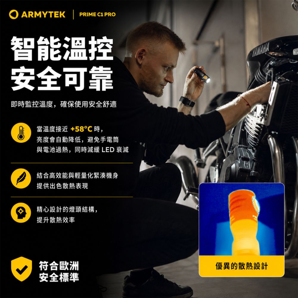 ARMYTEK PRIME C1 PRO智能溫控安全可靠即時監控溫度,確保使用安全舒適當溫度接近+58時,亮度會自動降低,避免手電筒與電池過熱,同時 LED 衰減結合高效能與輕量化緊湊機身提供出色散熱表現精心設計的燈頭結構,提升散熱效率符合歐洲安全標準優異的散熱設計