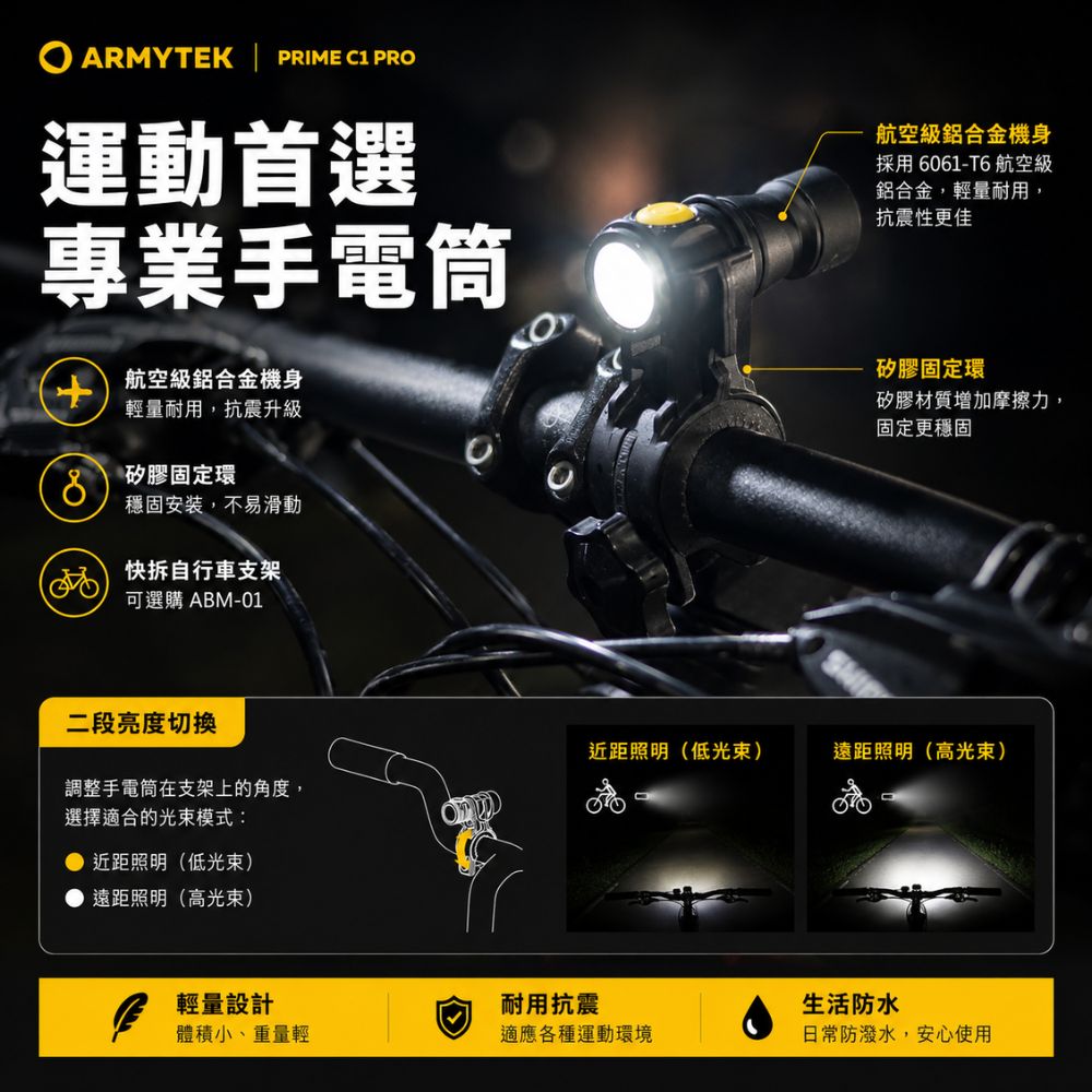 ARMYTEK PRIME 1 PR運動首選專業手電筒航空級鋁合金機身輕量耐用,抗震升級矽膠固定環穩固安装,不易滑動快拆自行車支架可選購 ABM-01二段亮度切換航空級鋁合金機身採用6061-T6 航空級鋁合金,輕量耐用,抗震性更佳O矽膠固定環矽膠材質增加摩擦力,固定更穩固近距照明(低光束)遠距照明(高光束)調整手電筒在支架上的角度,C選擇適合的光束模式:近距照明(低光束)遠距照明(高光束)輕量設計耐用抗震生活防水體積小、重量輕適應各種運動環境日常防潑水,安心使用