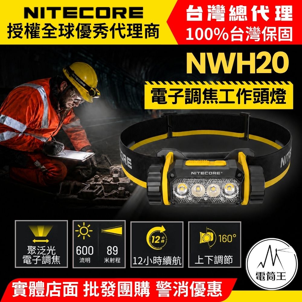 NITECORE NWH20 電子調焦工作頭燈 600流明 4500K 紅白光 工地 檢修 工程 149克