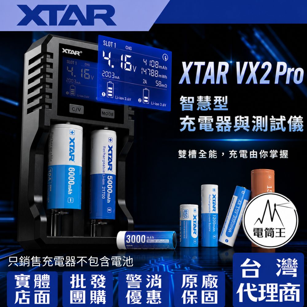 XTAR VX2 Pro 全能智慧雙槽充電器 20W快充 可測電池容量 兼容1.2V鎳氫 1.5V 3.7V 鋰電池 3.2V 磷酸鐵鋰電池